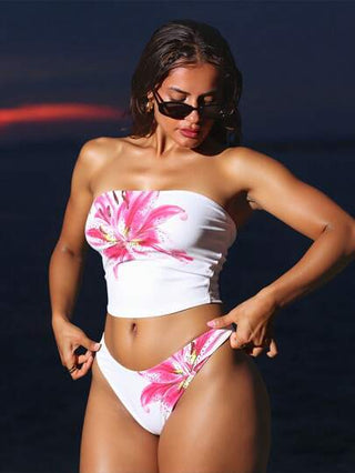 طقم تانكيني حريمي Swim SXY بيكيني ملابس سباحة نسائي قصير مزخرف بطبعة الزهور، شورت بريف وسطح