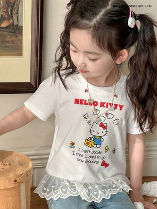 تيشيرتات بناتي DAZY HELLO KITTY | DAZY تي شيرت بياقة مستديرة محبوك، أكمام قصيرة، مطبوع، قطعات قماش الدانتيل للبنات، ملابس صيفية للفتيات الشابات