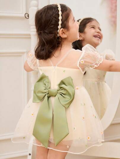 فساتين بيبي Glamorique Kids فستان حفلة الربيع/الصيف للرضع والأطفال الصغار بياقة مستديرة مزين بطرز الأقحوان ونحني كبير قابل للإزالة، ديكور