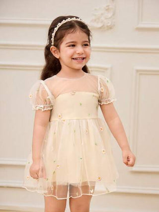 فساتين بيبي Glamorique Kids فستان حفلة الربيع/الصيف للرضع والأطفال الصغار بياقة مستديرة مزين بطرز الأقحوان ونحني كبير قابل للإزالة، ديكور
