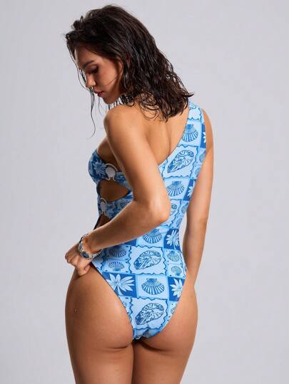 مايوه حريمي قطعة واحدة Swim Vcay قطعة واحدة بطراز كتف واحد للسيدات مزين بمويجات المحيط الأزرق والصدفة، بدلة السباحة لصيف 2025