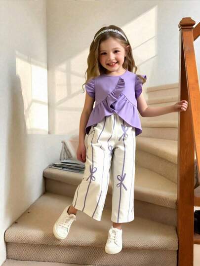 Elladie kids طقم بنطلون كاجوال للبنات الصغيرات مع تصميم حاشية مكرر غير متماثل وطبعة فيونكة
