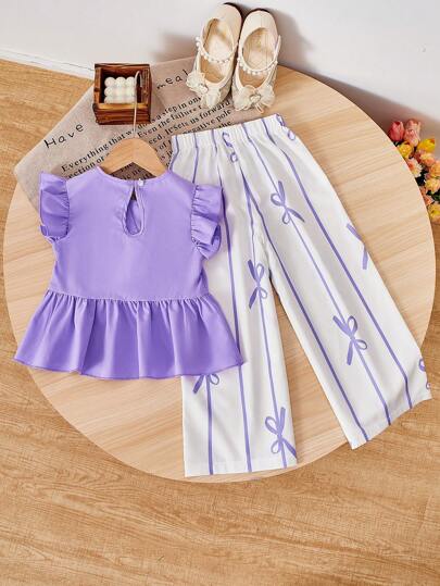 Elladie kids طقم بنطلون كاجوال للبنات الصغيرات مع تصميم حاشية مكرر غير متماثل وطبعة فيونكة