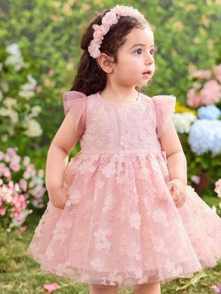 فساتين بيبي فستان أطفال بناتي أنيق بتصميم ياقة دائرية وذيل مكشكش من الشيفون بلون واحد