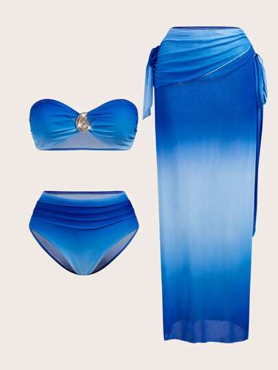 Swim Oasis 3 أطقم بيكيني للنساء بتصميم أومبر باللون الأزرق إلى الأبيض مع خرز لؤلؤ على الأصداف وإبزيم معدني أنيق ، مناسب للعطلات الشاطئية والحفلات الصيفية