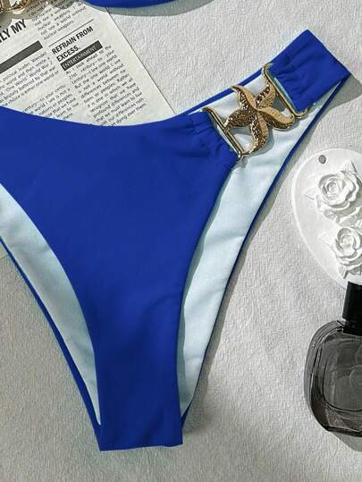 Swim Mod طقم بكيني أزرق بحمالات رفيعة وقطع سفلي قياسي مزين بالنجوم، بكيني صيفي للنساء