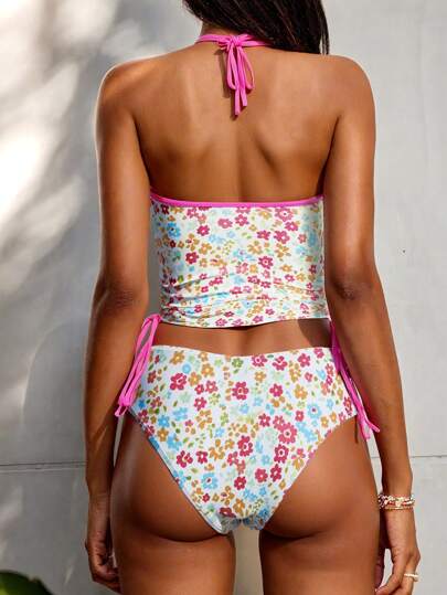 طقم تانكيني حريمي Swim Vcay ملابس علوية خزان مع مشد وزخرفة بنقوش زهرية مباينة للنساء للاستخدام في المايوه والشاطئ والرحلات، طراز طازج وجذاب