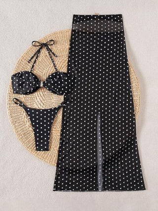 Swim Chiccia 3 قطع/مجموعة طقم بكيني للنساء مكون من ملابس علوية بدون أكمام ملفوف، وشورت، وتنورة من الشبك، بطبعات نقاط عشوائية، إطلالة أنيقة لفصل الصيف ولأوقات الذهاب إلى الشاطئ