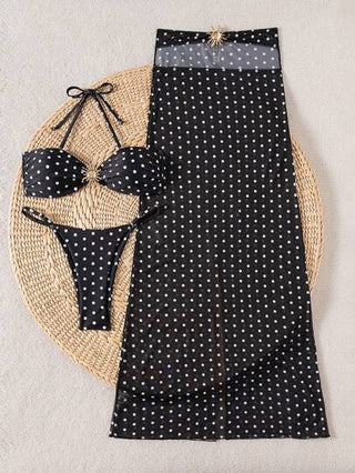 Swim Chiccia 3 قطع/مجموعة طقم بكيني للنساء مكون من ملابس علوية بدون أكمام ملفوف، وشورت، وتنورة من الشبك، بطبعات نقاط عشوائية، إطلالة أنيقة لفصل الصيف ولأوقات الذهاب إلى الشاطئ