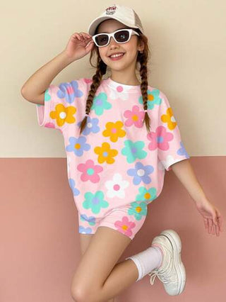 girls-sets مجموعة قميص وشورت مطبوع عليها زهرة الدوبامين ذو قصة فضفاضة للبنات المراهقات 2 قطعة/المجموعة، ملائم للصيف