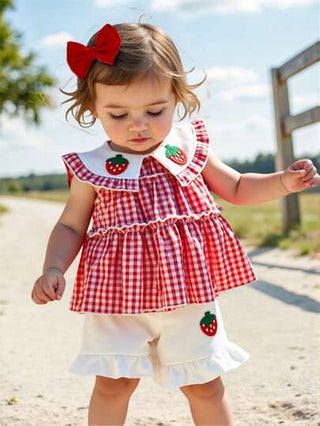 Vintaside Kids 2 قطعة/مجموعة ملابس علوية أكمام قصيرة للبنت الرضيعة مزخرف بطباعة الفراولة وياقة دمية، مع شورت كاجوال للصيف 2025 الجديد