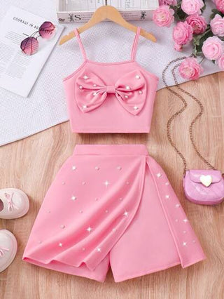 girls-sets ملابس علوية وشورت قطعتين مزينان بالخرز والفيونكة للمراهقات