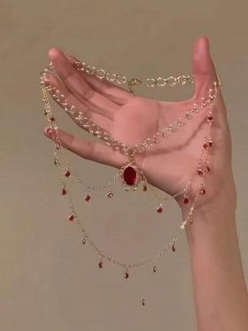 قلادة قلادة نسائية أنيقة بوهيمية بتصميم مرصع بالزمرد الأحمر/الأخضر، قلادة بيضاوية مزينة بخرز صناعي، مناسبة للحفلات والارتداء اليومي والهدايا