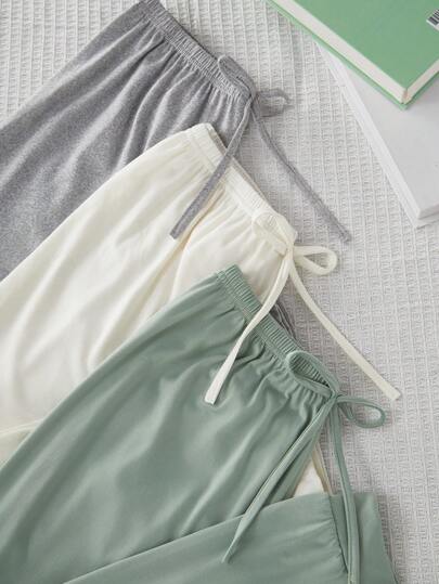 SHEIN 3 قطعة/مجموعة بنطلونات نسائية مريحة ذات خصر مطاطي، ألوان سادة، ملابس خريف وشتاء