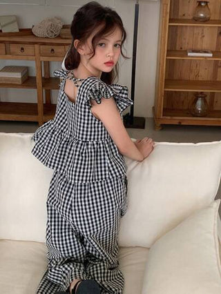 girls-sets DAZY مجموعة من قطعتين قمصان بياقة مربعة منسوجة بنمط الكشمير، وبنطال للفتيات، للربيع والصيف
