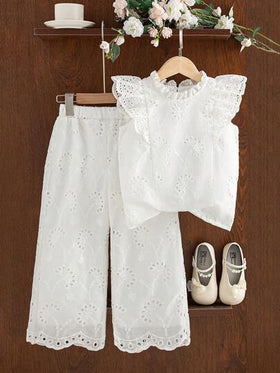 Elladie kids مجموعة قطعتين لفتاة صغيرة موديل صيفي جديد، بلوزة قطنية مطرزة بأكمام قصيرة وياقة مكسرة، بنطال قطني مستقيم الساق، ملابس عملية بطراز رجعي مناسبة للفتيات