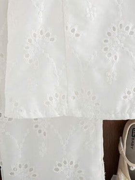 Elladie kids مجموعة قطعتين لفتاة صغيرة موديل صيفي جديد، بلوزة قطنية مطرزة بأكمام قصيرة وياقة مكسرة، بنطال قطني مستقيم الساق، ملابس عملية بطراز رجعي مناسبة للفتيات