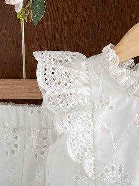 Elladie kids مجموعة قطعتين لفتاة صغيرة موديل صيفي جديد، بلوزة قطنية مطرزة بأكمام قصيرة وياقة مكسرة، بنطال قطني مستقيم الساق، ملابس عملية بطراز رجعي مناسبة للفتيات