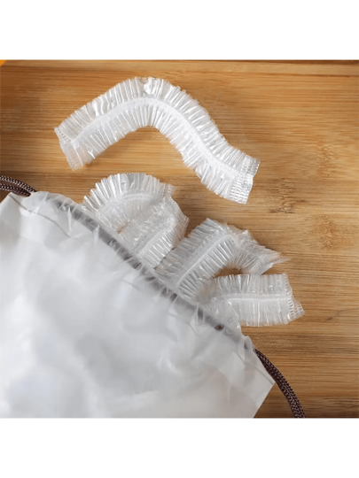 1 عبوة من 100 مجموعة من أغطية بلاستيكية يمكن التخلص منها وأغطية دش يمكن التخلص منها، أغطية أوعية المنزلية الحافظة للطازجة من البلاستيك البولي إيثيلين