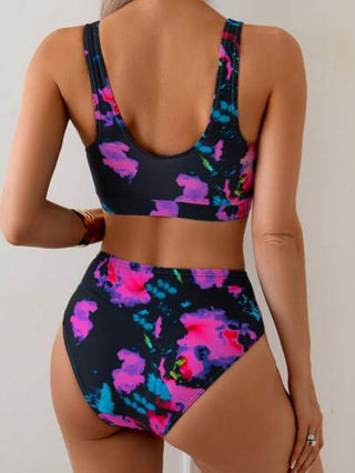 طقم تانكيني حريمي Swim مجموعة بقطعتين للمرأة ملابس علوية بنقشة صبغ الربط عنق دائري بلا أكمام وسراويل عالية الخصر بخطوط مثلثة ، ملابس علوية أساسية عادية وبيكيني للعطلات البحرية