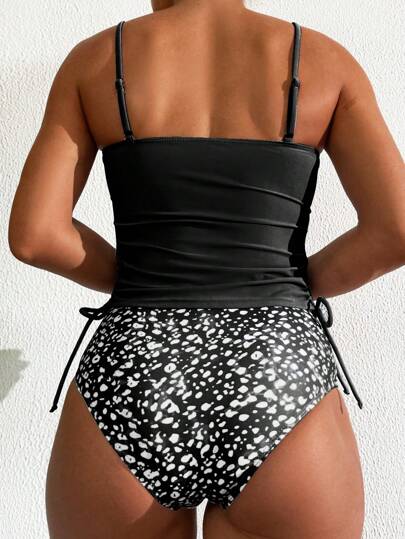 طقم تانكيني حريمي Swim مجموعة بيكيني تانكيني نسائية عصرية ذات أربطة وكم مرسل وعقدة، صيفي
