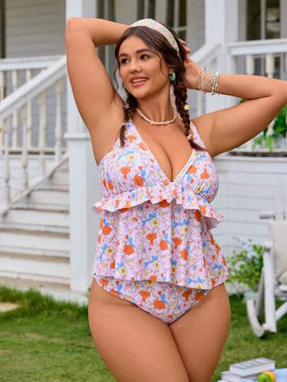 Swim Mod مجموعة ملابس سباحة كبيرة الحجم للسيدات ذات قطعتين عشوائية الزهور الجميلة ويشمل توب كامي وبكيني خصر عالي، ملابس سباحة أنيقة وبسيطة للعطلات وارتداء اليومي