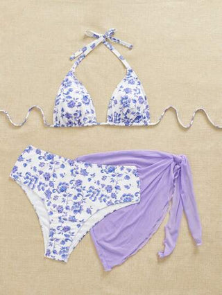Swim Mod مجموعة سباحة مكونة من 3 قطع للنساء ذوات الحجم الكبير، بكسرات عنق وطباعة عشوائية
