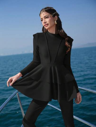 Swim Shayni طقم بوركيني سيدات لون أحادي مكون من بلوزة بأكمام طويلة وبنطلون طويل