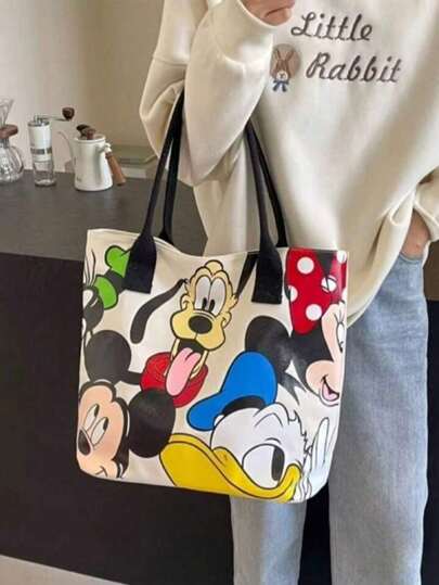 Disney حقيبة يد كبيرة السعة مصنوعة من قماش كانفس بنقشات كرتونية ديزني، حقيبة كتف أنيقة للنساء، حقيبة تسوق كاجوال متعددة الاستخدامات لليوم اليومي