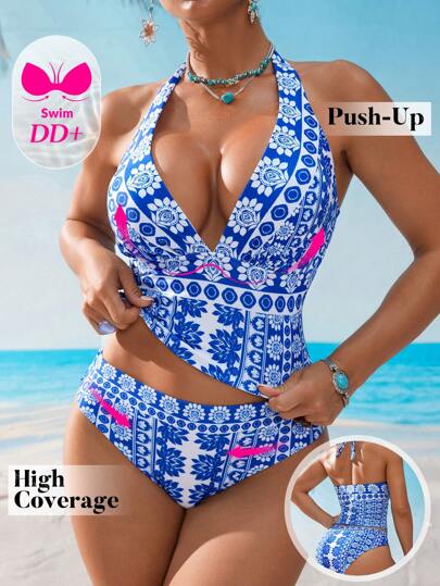 طقم تانكيني حريمي Swim DD+ بيكيني للسيدات، عميق الرقبة، قابل للتعديل، مناسب للصدر الكبير DD+، قطعتان بطبعة أزياء للشاطئ والإجازة