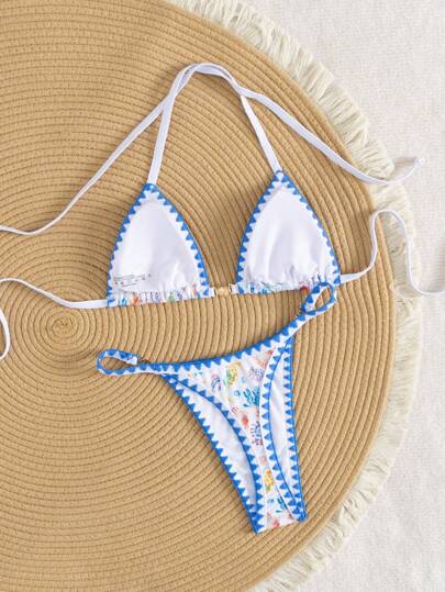 Swim Vcay 2 قطعة / مجموعة بيكيني كروشيه ذو زهرة صدفية عميقة الخطوط الدقيقة بطباعة بحرية، كيوت مع شريط رباط بدون حمالة، لقضاء عطلة الشاطئ في الربيع والصيف