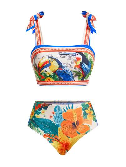 طقم تانكيني حريمي Swim Oasis طقم بيكيني بنمطية النباتات الاستوائية للنساء مع بلوزة شراشيب وتفاصيل عقدة ومع تنورة ساترة مطابقة