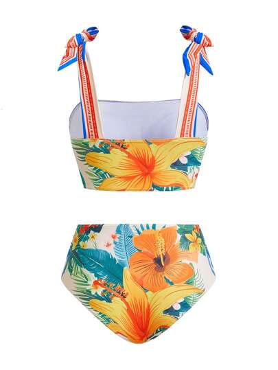 طقم تانكيني حريمي Swim Oasis طقم بيكيني بنمطية النباتات الاستوائية للنساء مع بلوزة شراشيب وتفاصيل عقدة ومع تنورة ساترة مطابقة