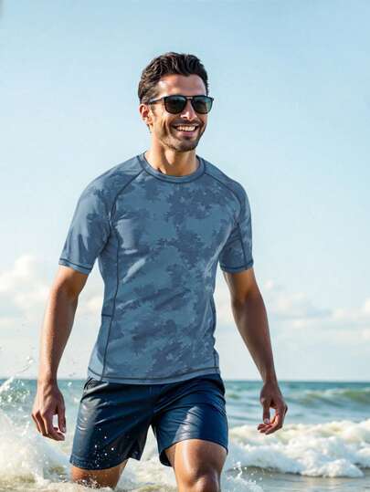 Manfinity Swimmode تي شيرت صيفي رجالي بتصميم الشاطئ والطباعة الكاملة بأكمام راجلان للتزلج على الأمواج، طراز هاواي