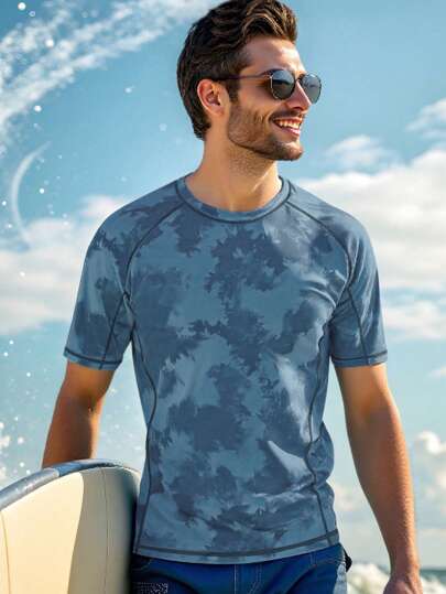 Manfinity KASUA تي شيرت صيفي رجالي بتصميم الشاطئ والطباعة الكاملة بأكمام راجلان للتزلج على الأمواج، طراز هاواي