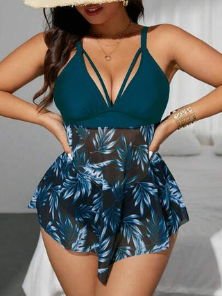 Swim Lushoire امرأة بحجم كبير 2 قطعة ملابس علوية مُرقع من شبك بطبعات أوراق نباتية استوائية عشوائية بياقة عميقة على شكل V، وسراويل بيكيني مثلثية الخصر العالي ، موديل بسيط مناسب للعطلات والارتداء اليومي العادي