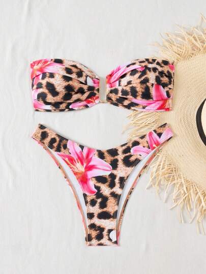 Swim Vcay بكينى سيدات مكون من قطعتين، طباعة عشوائية على ملابس علوية أنبوبي ضيق ذو طابع ساخن للأوقات الحرة والشاطئ والعطلات
