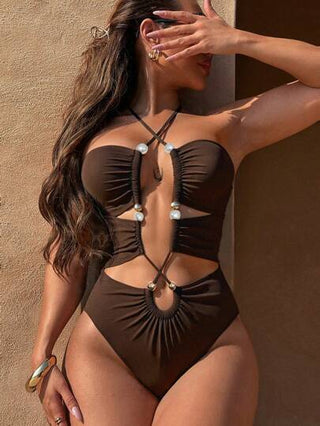 مايوه حريمي قطعة واحدة Swim Vcay بدلة سباحة قطعة واحدة للنساء، جذابة وعارية الظهر، مصنوعة من قماش بنّي لامع مع خطوط متقاطعة وسحّاب