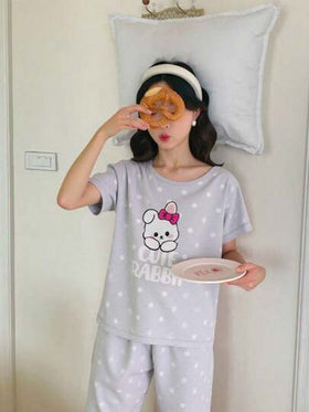Genkimix Kids طقم بيجاما فضفاض لفتيات بقميص كم قصير وبنطلون مطبوعان بنقشة نقاط وأرنب، قطعتان، مريح وكاجوال