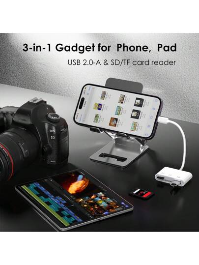محول 3 في 1 لقارئ بطاقة SD و TF متوافق مع الآيفون 14 12 13 11 برو ماكس USB C محول للكاميرا متوافق مع الآيباد والأندرويد واللابتوب OTG ، لا يحتاج إلى بطارية