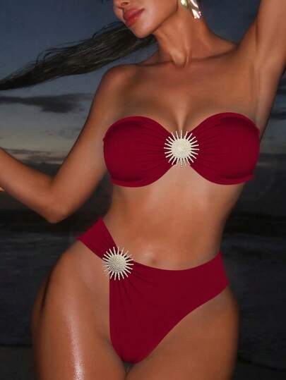 Swim SXY أزياء شاطئية صيفية للنساء، بكيني أحمر أحادي اللون مثير بدون أكمام مع قبعة شمس