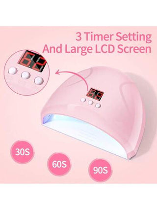 طقم فني الأظافر المحترف متضمن مصباح UV/LED، آلة علاج الجل، مؤقت 3 إعدادات بشاشة LCD، مثقاب كهربائي للأظافر، شوكة لإزالة البشرة الميتة، دافع البشرة الميتة، ملف أظافر، فاصل الأصابع، مجموعة أدوات المناكير - مثالي للرعاية المنزلية
