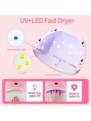 طقم فني الأظافر المحترف متضمن مصباح UV/LED، آلة علاج الجل، مؤقت 3 إعدادات بشاشة LCD، مثقاب كهربائي للأظافر، شوكة لإزالة البشرة الميتة، دافع البشرة الميتة، ملف أظافر، فاصل الأصابع، مجموعة أدوات المناكير - مثالي للرعاية المنزلية
