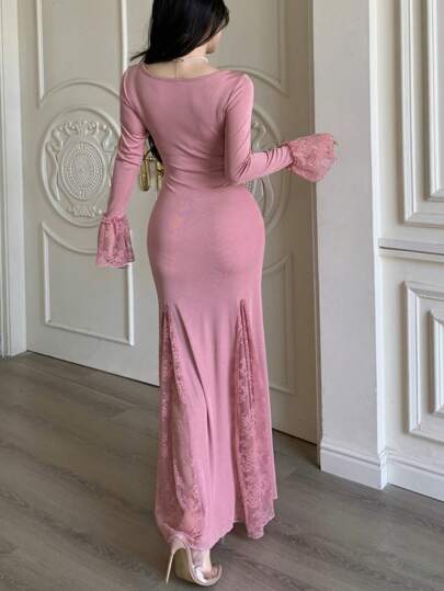 Modelyn العيد فستان مايدي أنيق مبطن بالكشكش مذيل بأكمام واسعة لامعة للنساء، مناسب للمناسبات والأعياد