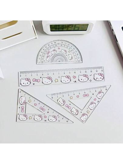 أدوات مكتبية ومدرسية Sanrio 4 قطع/طقم مسطرة هالو كيتي، مجموعة مسطرة أنيقة للطالب تشمل مسطرة مستقيمة، منقلة، مسطرة دائرية، أداة قياس، ضروريات العودة للمدرسة