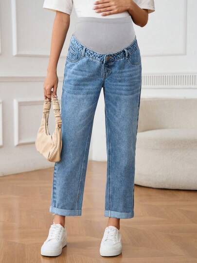 SHEIN بنطال جينز سوبر عالي الخصر و ممزق من الخامة ملون مناسب للحوامل