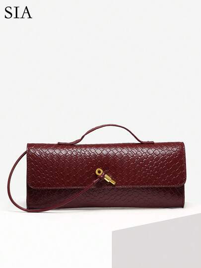 حقيبة يد/كلاتش كبيرة السعة من القماش المجدول والقصير النمط القديم، تصميم الغطاء القفل البرونزي، لون أحمر نمط أنغولا، مناسب للسهرات والاستخدام اليومي، للمرأة