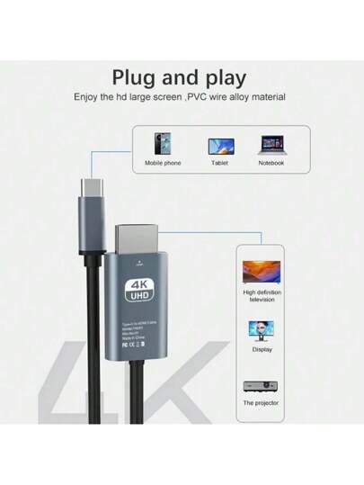 محول من USB C إلى HDTV 4K 60 هرتز ، كابل نوع C ، محول كابل HDTV متوافق مع هواتف آيفون 15 و 14 و TV و Air iPad و أجهزة الكمبيوتر المحمولة بلون أسود ، 30 هرتز