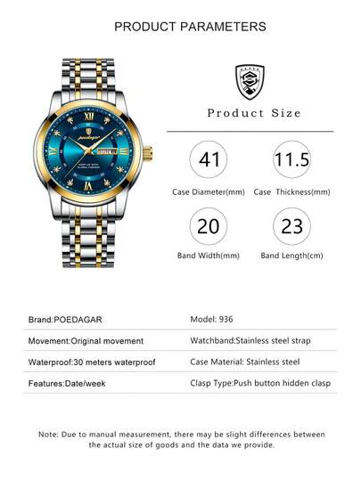 POEDAGAR ساعة رجالية كاجوال من الفولاذ المقاوم للصدأ بعقارب كوارتز وتاريخ مزدوج، ساعة مضيئة مقاومة للماء للأعمال، ساعة يد فاخرة مناسبة للمناسبات اليومية، هدية للرجال