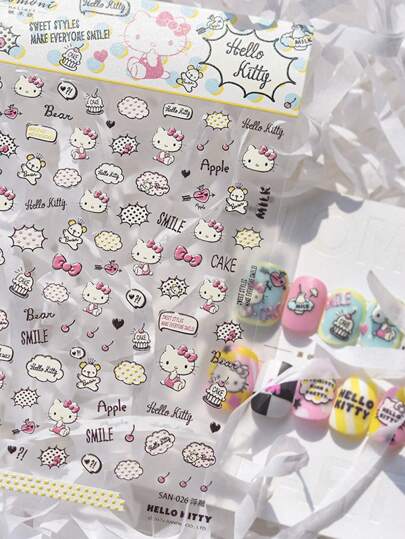Sanrio ملصقات زخرفية لفن الأظافر على طراز هيلو كيتي الكيوت، ديكور عيد الميلاد وهدايا المناسبات، ملصقات أظافر كرتونية مقطبة ثلاثية الأبعاد لاصقة ذاتيًا للاستخدام مرة واحدة